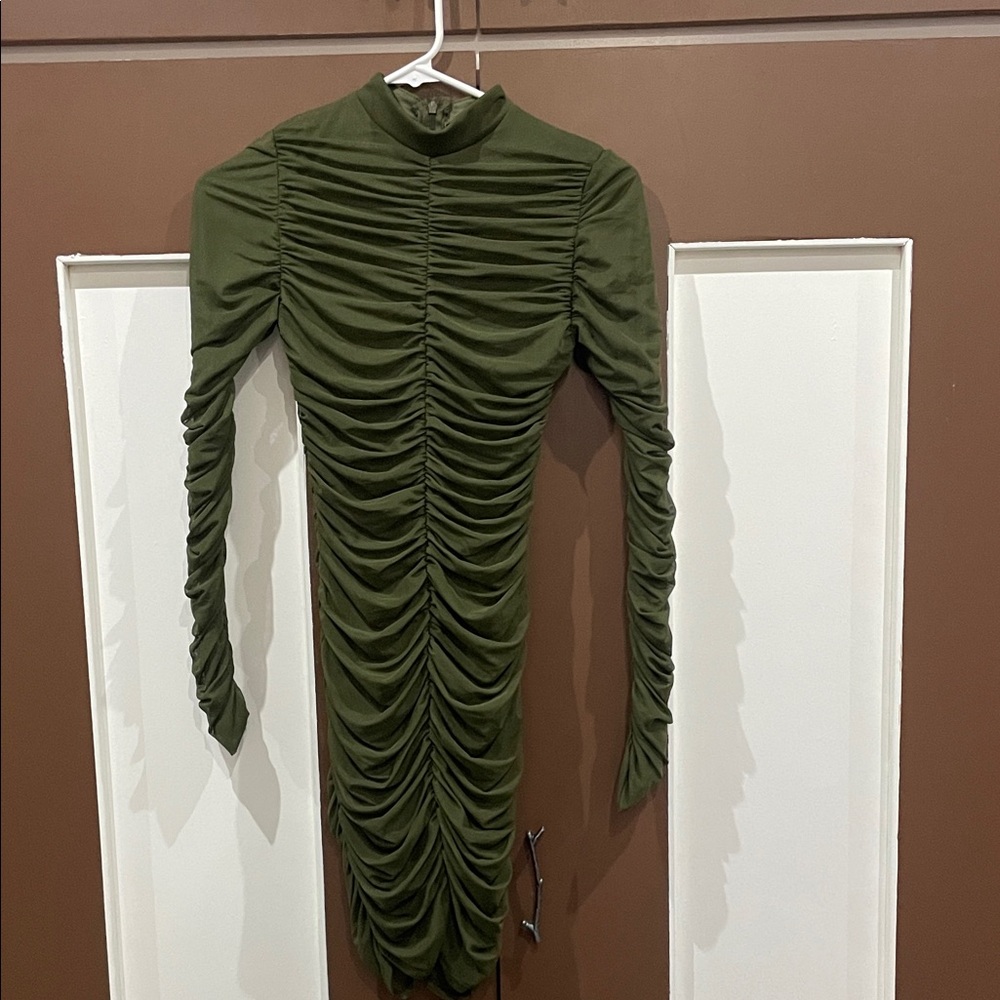 Fashion Nova Olive Long Sleeve Ruched Dress